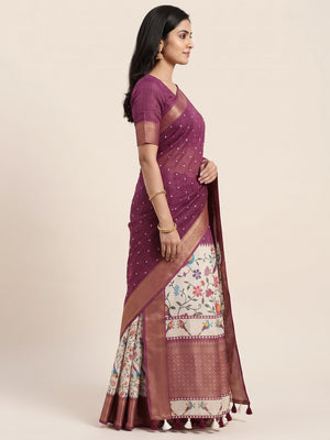Peachmode Wine Kalamkari Print Linen Saree With Zari Patta - Image 1