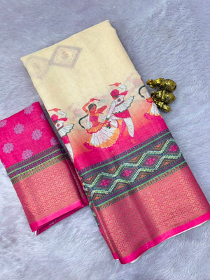 Peachmode Cream Rani Navratri Print Linen Saree With Zari Patta - Image 2