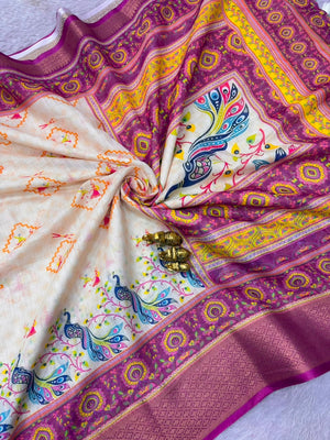Peachmode Cream Wine Peacock Navratri Print Linen Saree - Image 2