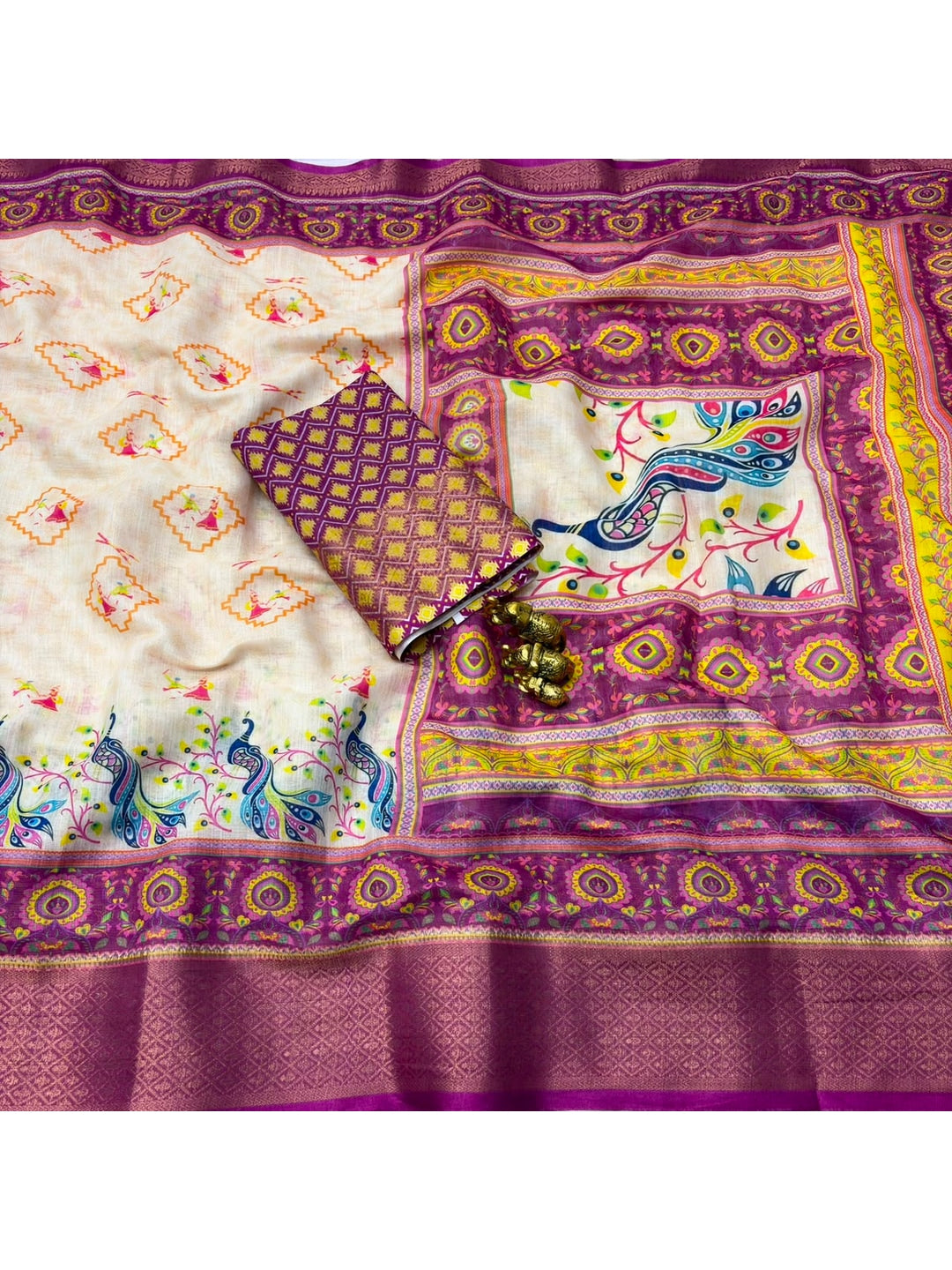Peachmode Cream Wine Peacock Navratri Print Linen Saree - Image 3