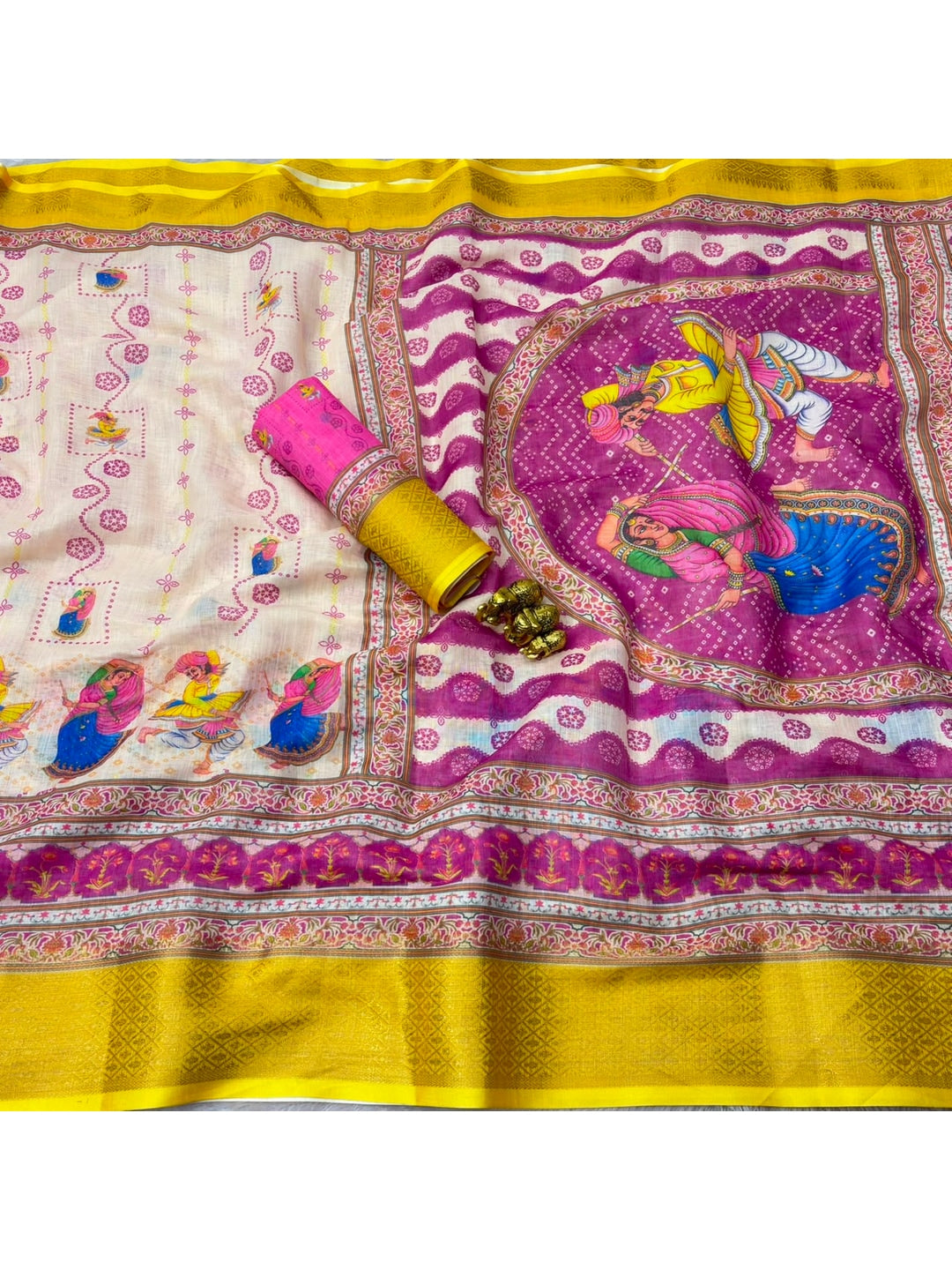 Peachmode Cream Yellow Navratri Print Linen Saree With Zari Patta - Image 4