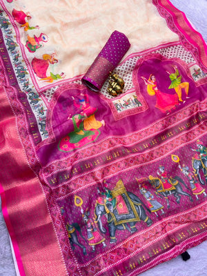 Peachmode Cream Folk Navratri Print Linen Saree With Zari Patta - Image 2