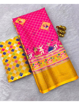 Peachmode Rani Pink Garba Navratri Print Linen Saree - Image 2