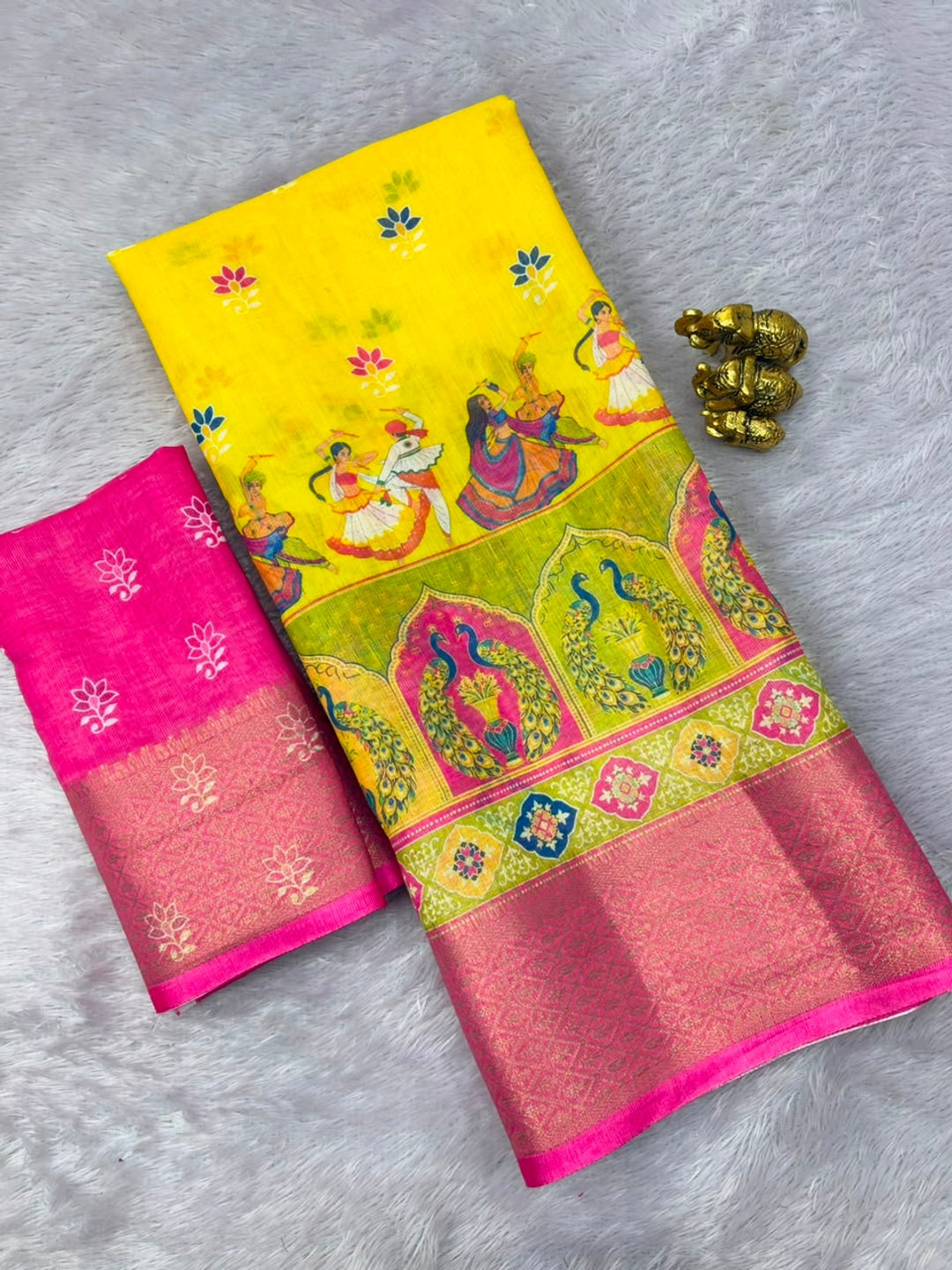 Peachmode Yellow Peacock Navratri Print Linen Saree - Image 4