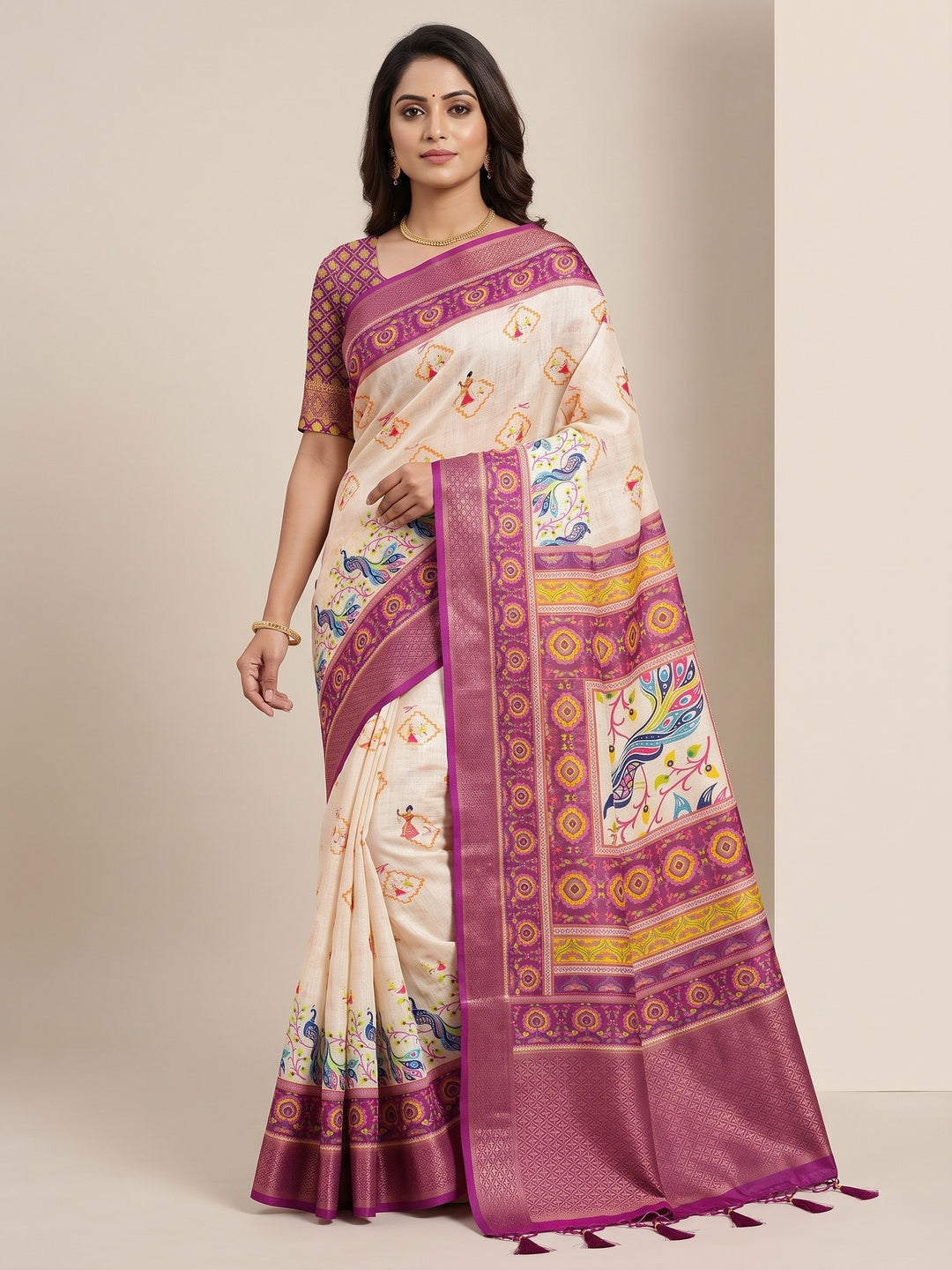 Peachmode Cream Wine Peacock Navratri Print Linen Saree - Image 1