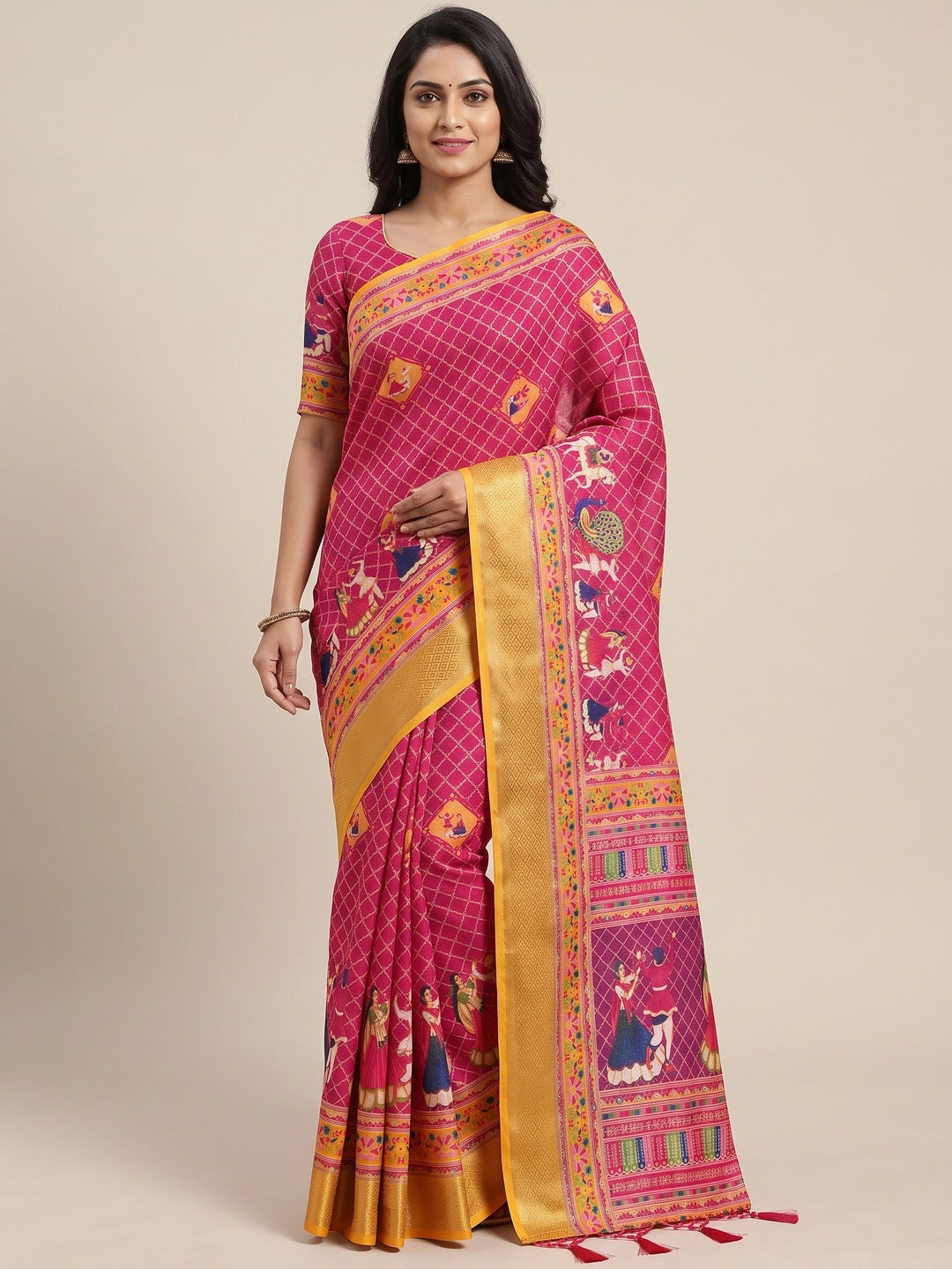 Peachmode Rani Pink Garba Navratri Print Linen Saree - Image 1