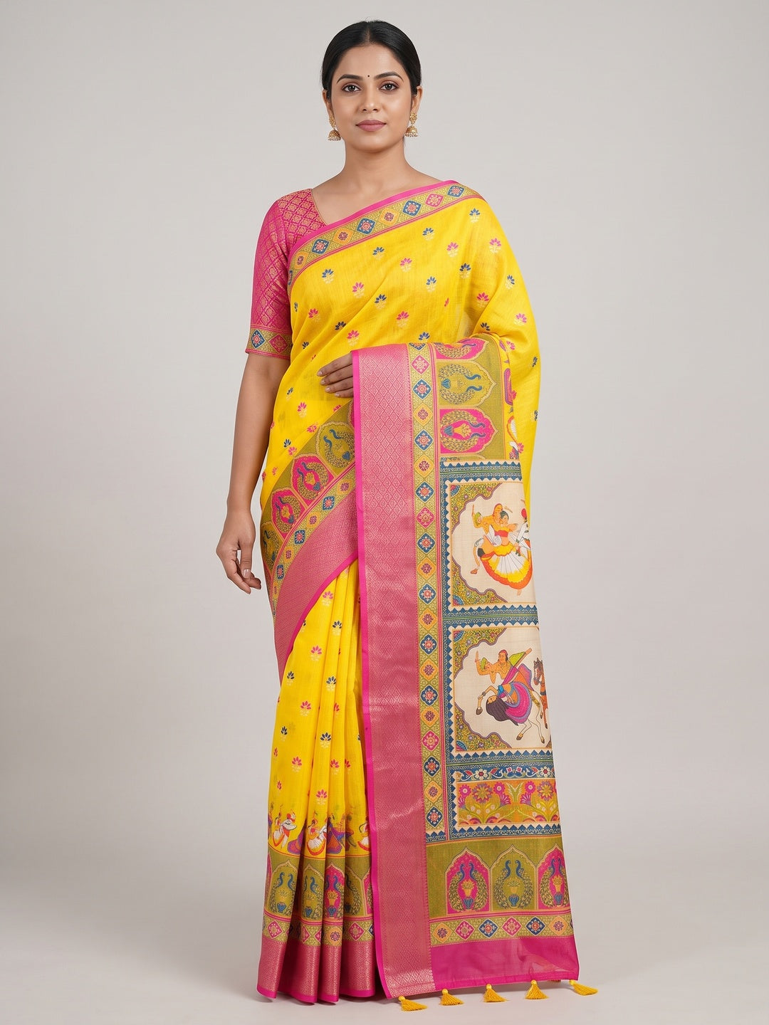 Peachmode Yellow Peacock Navratri Print Linen Saree - Image 1