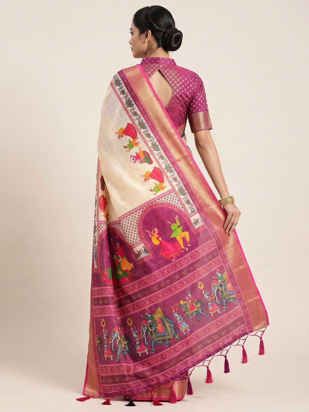 Peachmode Cream Folk Navratri Print Linen Saree With Zari Patta - Image 5