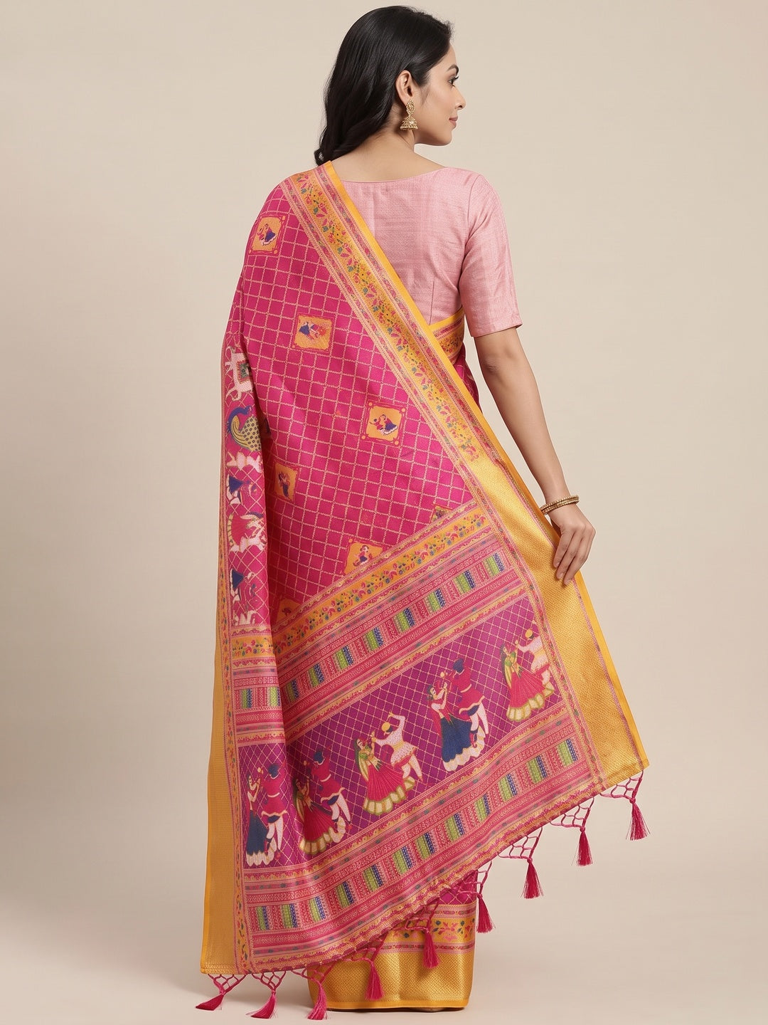 Peachmode Rani Pink Garba Navratri Print Linen Saree - Image 5