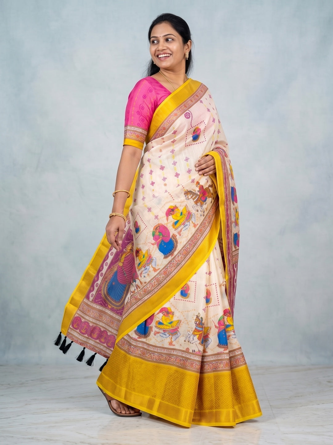 Peachmode Cream Yellow Navratri Print Linen Saree With Zari Patta - Image 1