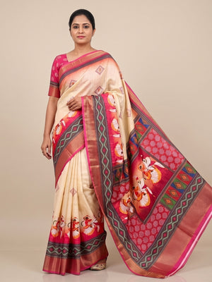 Peachmode Cream Rani Navratri Print Linen Saree With Zari Patta - Image 1