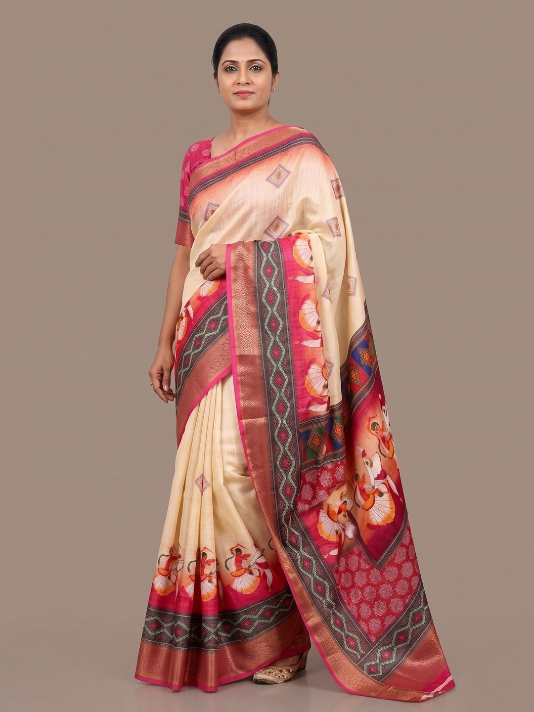 Peachmode Cream Rani Navratri Print Linen Saree With Zari Patta - Image 5