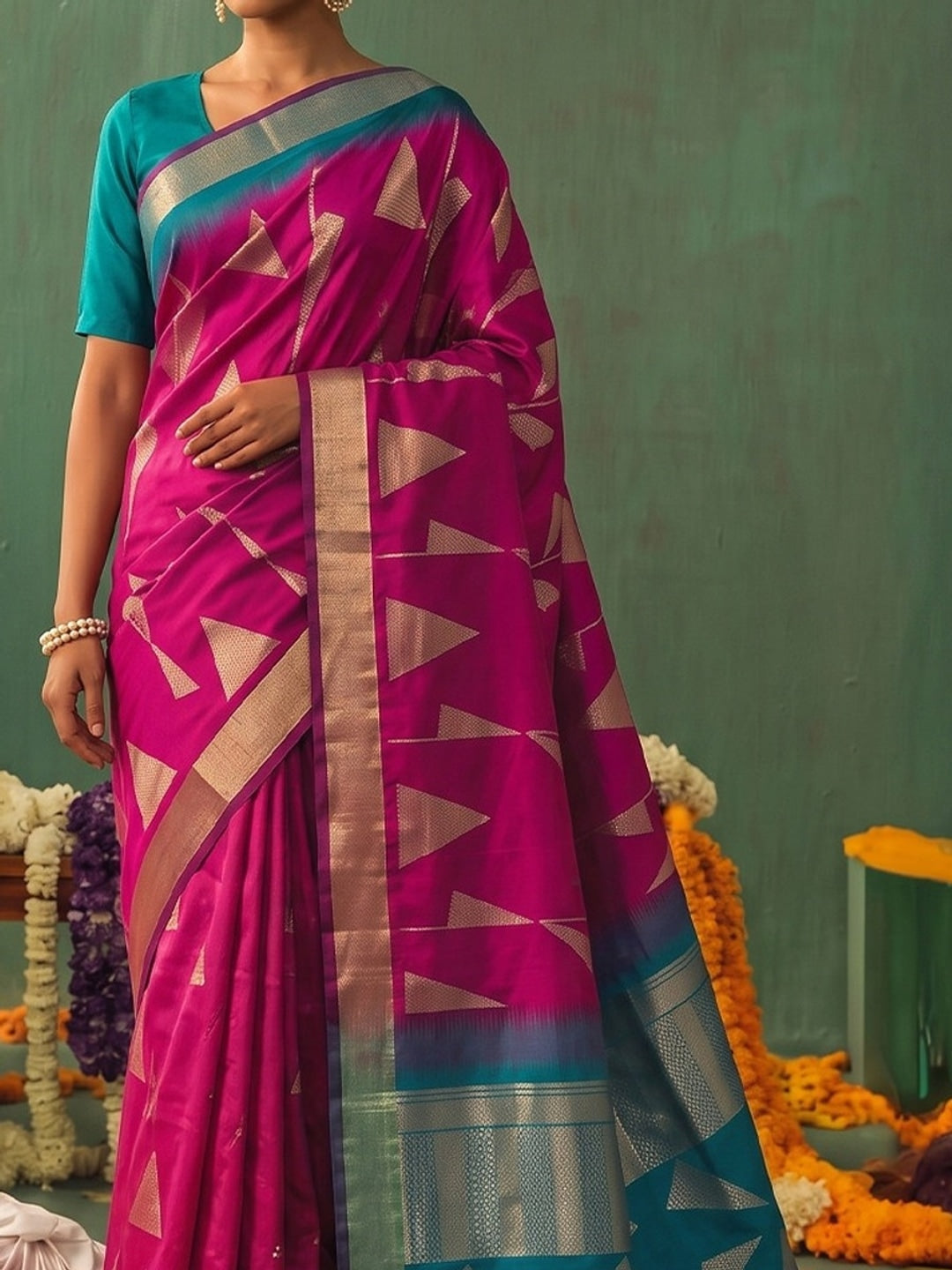 Peachmode Pink Silk Blend Woven Saree - Image 4