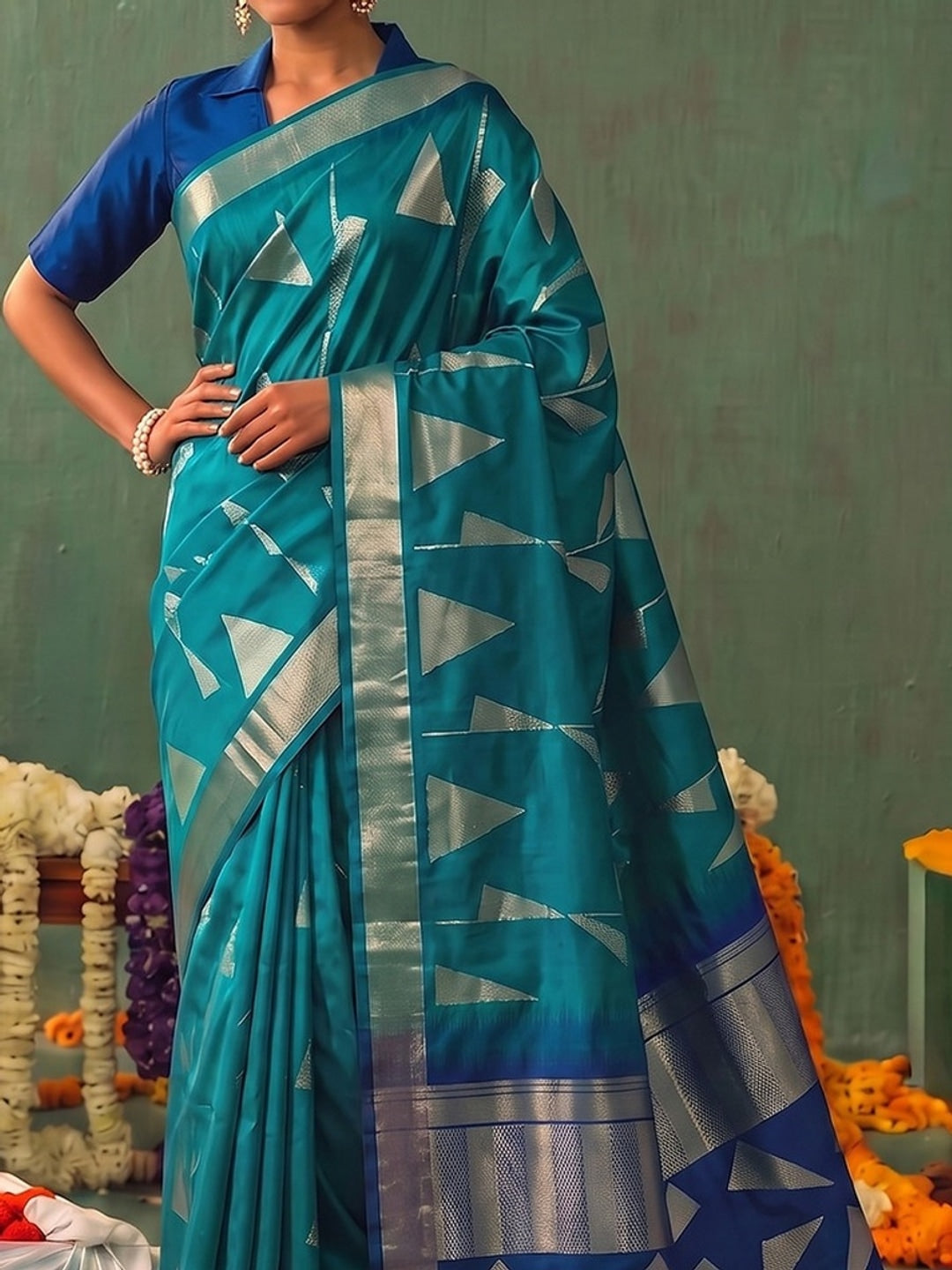 Peachmode Rama Green Silk Blend Woven Saree - Image 4