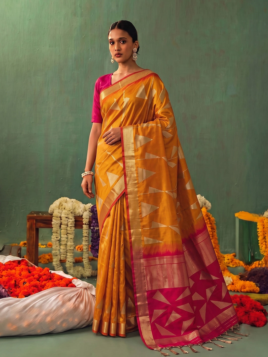 Peachmode Orange Silk Blend Woven Saree - Image 1