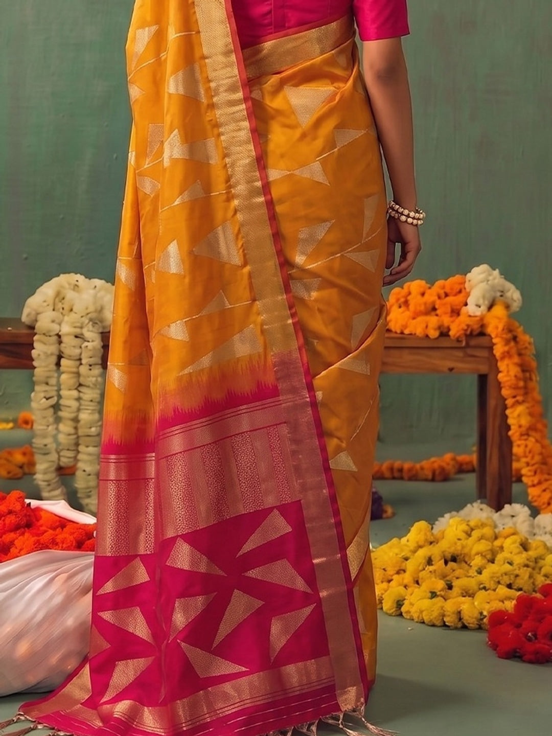 Peachmode Orange Silk Blend Woven Saree - Image 5