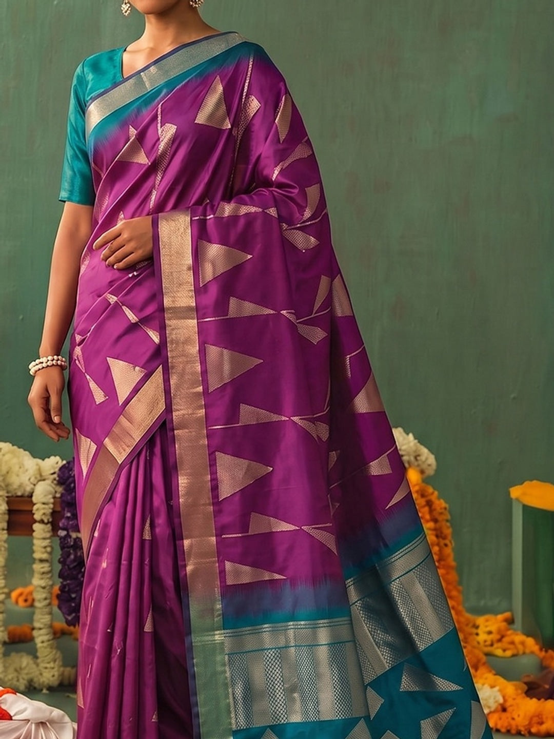 Peachmode Wine Silk Blend Woven Saree - Image 4