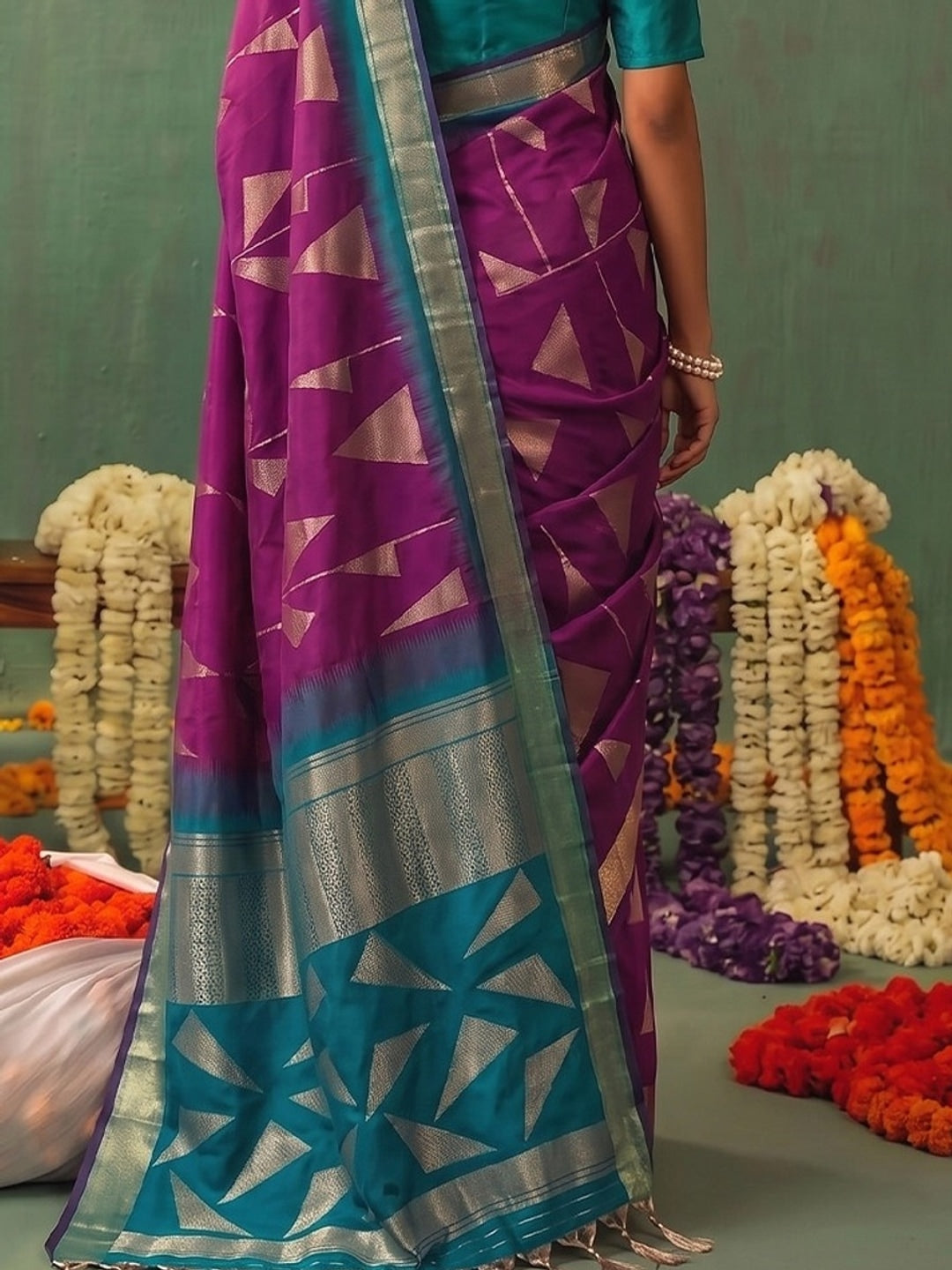 Peachmode Wine Silk Blend Woven Saree - Image 5
