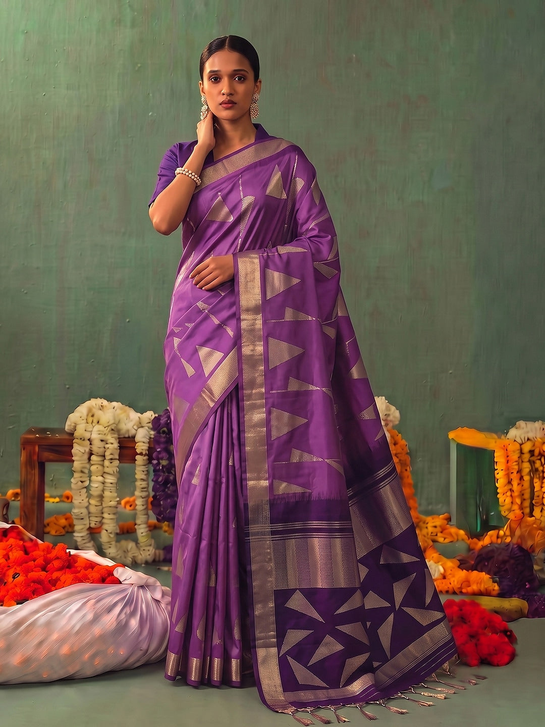 Peachmode Purple Silk Blend Woven Saree - Image 1