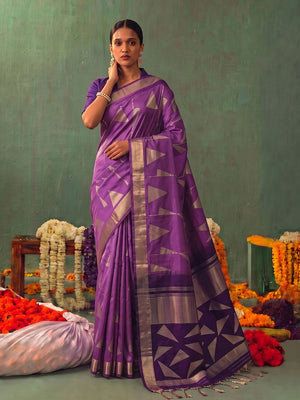 Peachmode Purple Silk Blend Woven Saree - Image 1