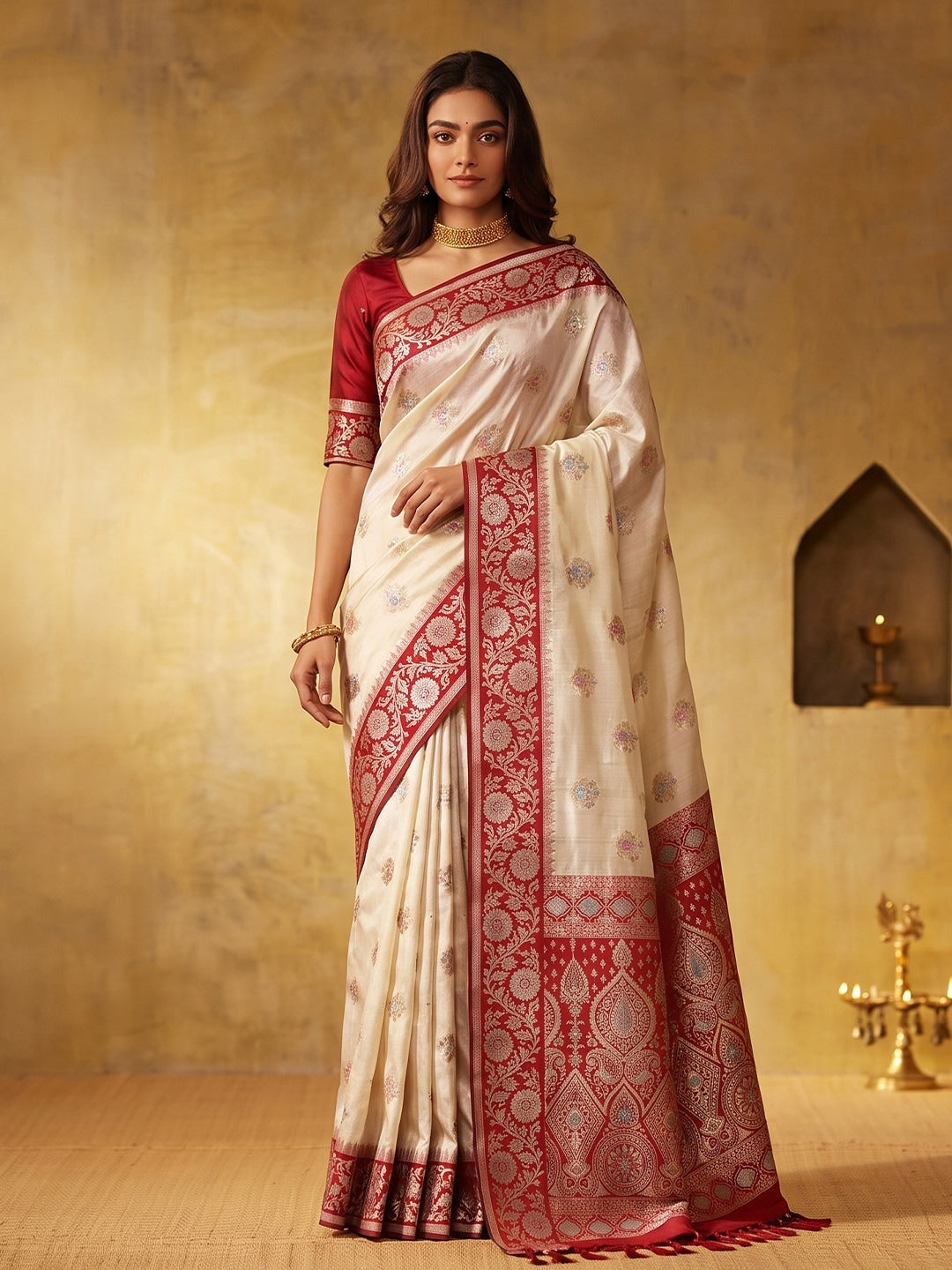 Peachmode White Silk Blend Woven Saree - Image 1