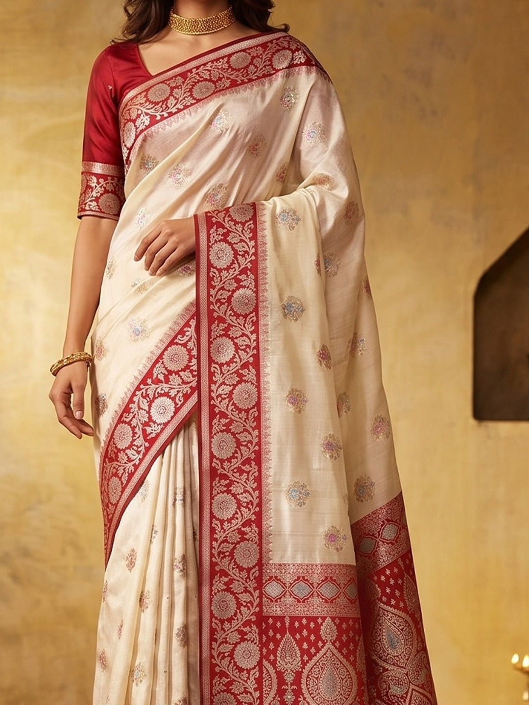 Peachmode White Silk Blend Woven Saree - Image 4