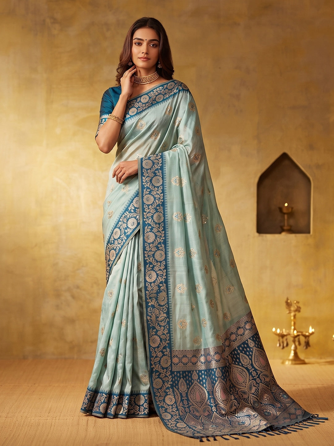 Peachmode Blue Silk Blend Woven Saree - Image 1