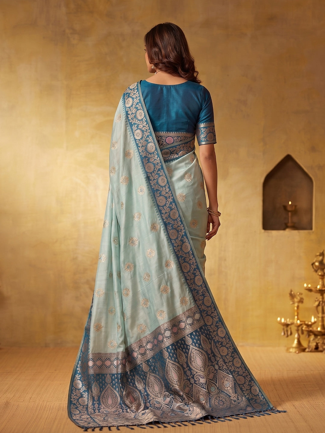 Peachmode Blue Silk Blend Woven Saree - Image 2