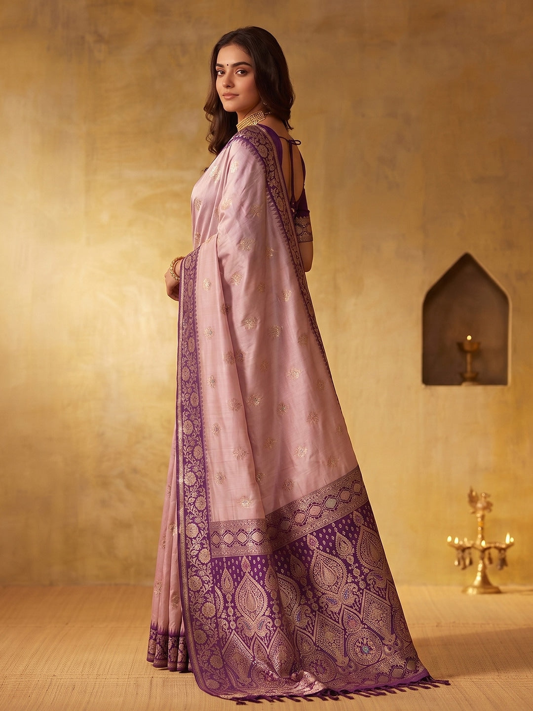 Peachmode Wine Silk Blend Woven Saree - Image 2