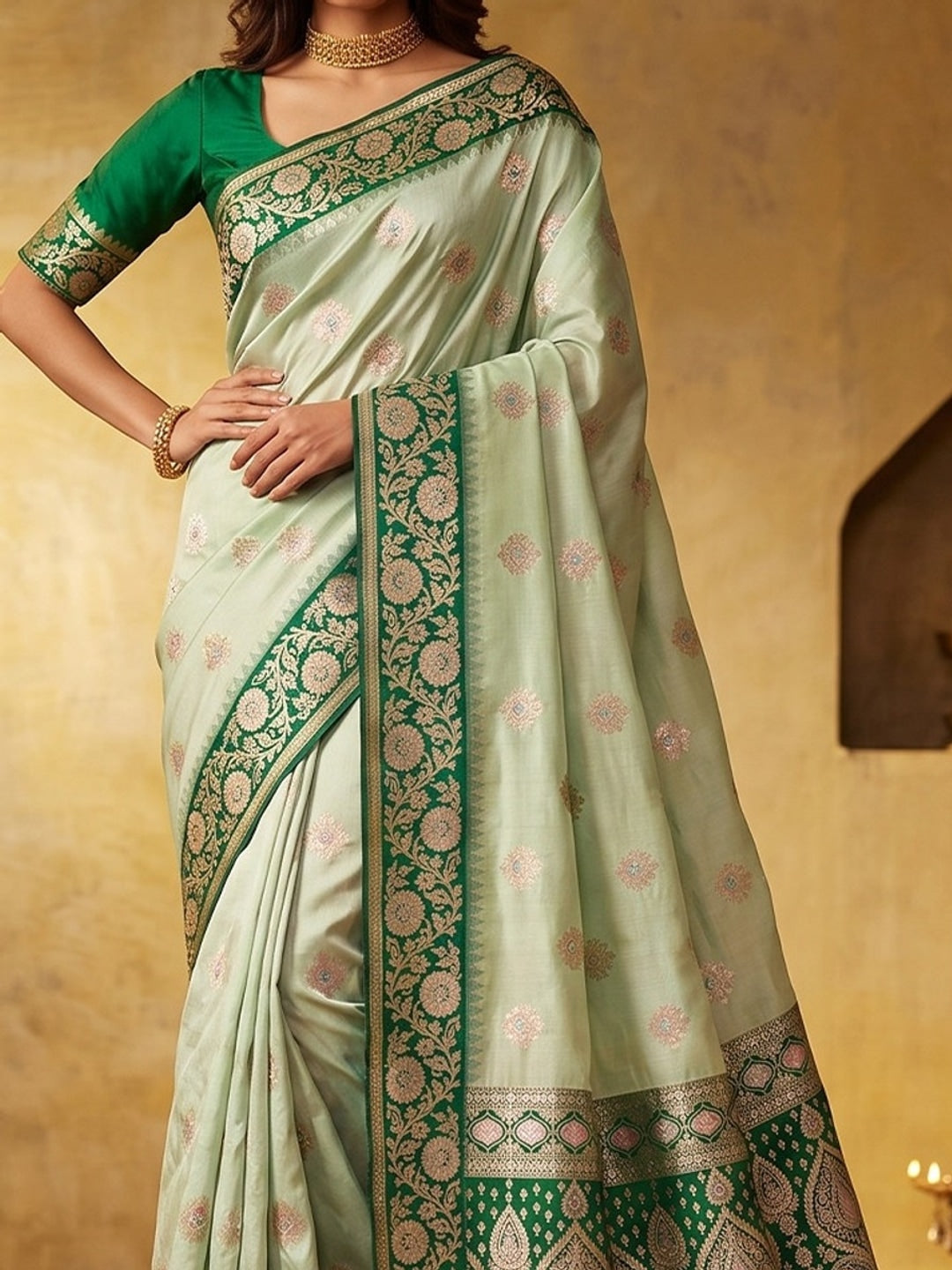 Peachmode Green Silk Blend Woven Saree - Image 4