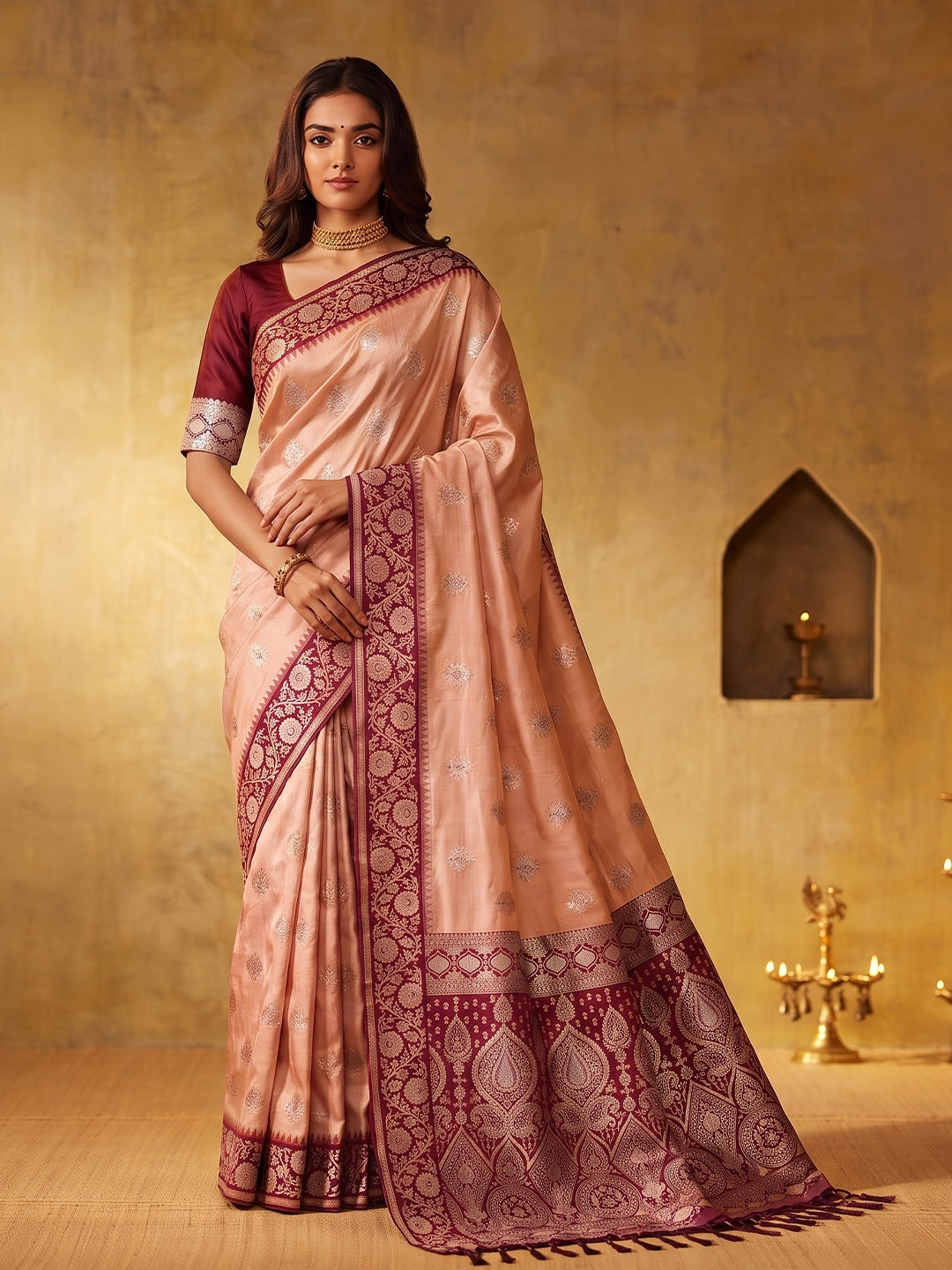 Peachmode Peach Silk Blend Woven Saree - Image 1