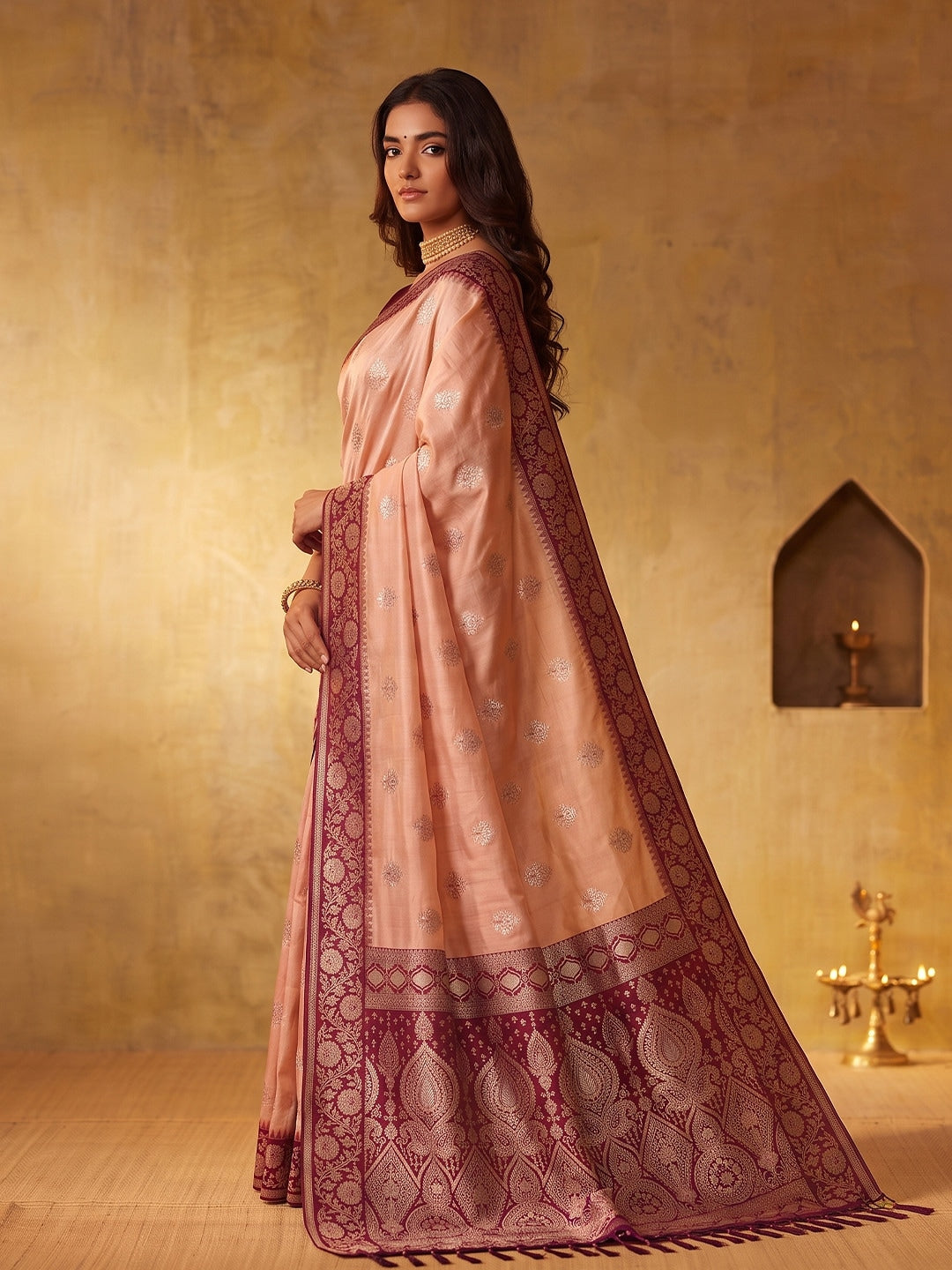 Peachmode Peach Silk Blend Woven Saree - Image 2