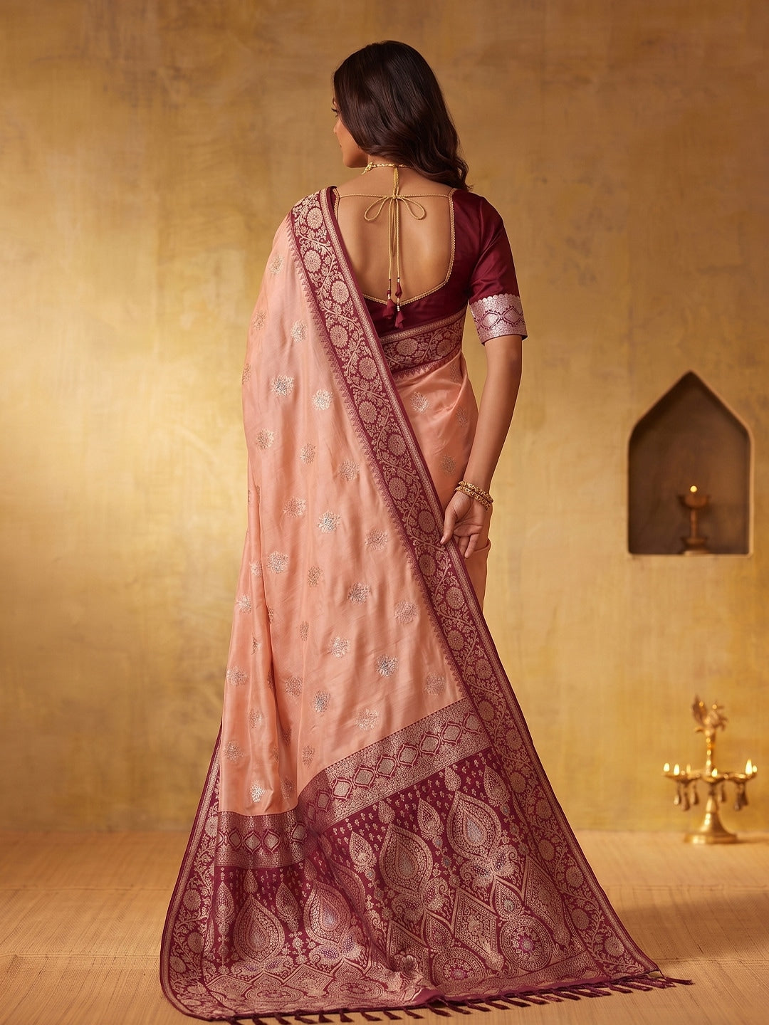 Peachmode Peach Silk Blend Woven Saree - Image 3