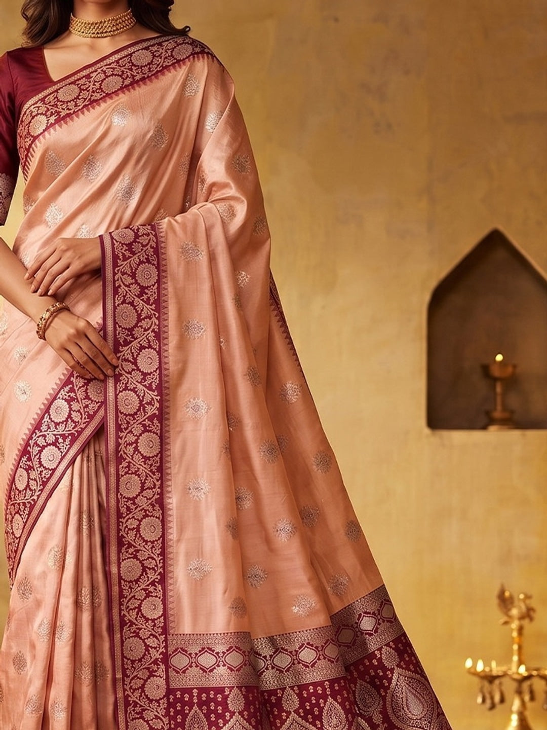 Peachmode Peach Silk Blend Woven Saree - Image 4