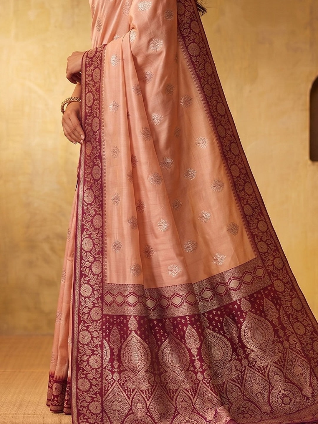 Peachmode Peach Silk Blend Woven Saree - Image 5
