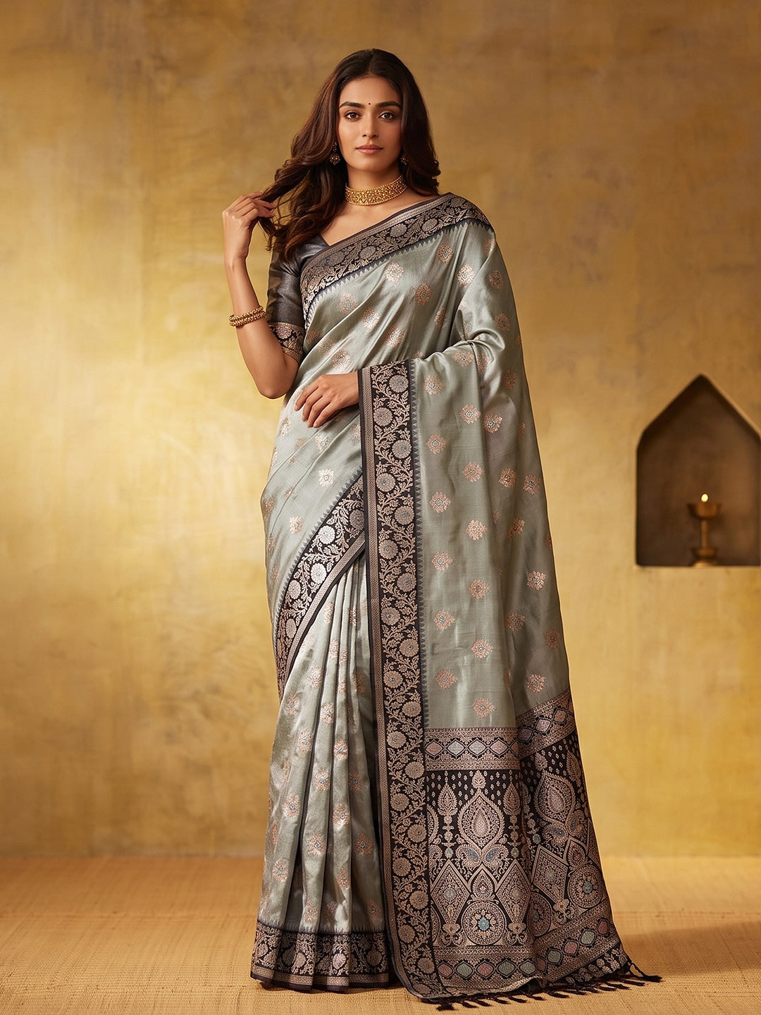 Peachmode Grey Silk Blend Woven Saree - Image 1