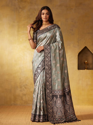 Peachmode Grey Silk Blend Woven Saree - Image 1