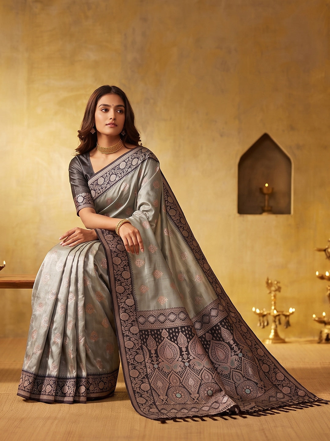 Peachmode Grey Silk Blend Woven Saree - Image 2