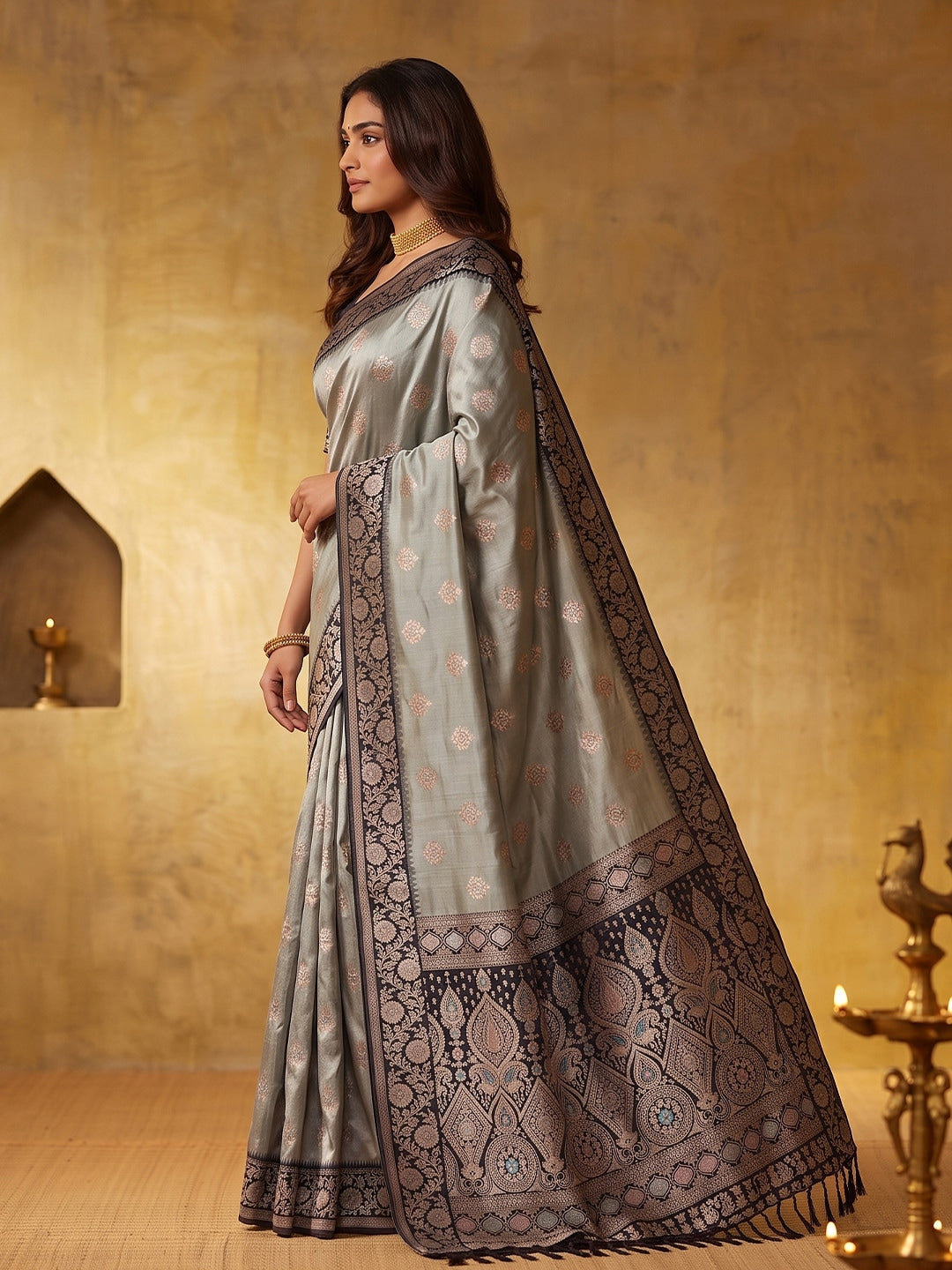 Peachmode Grey Silk Blend Woven Saree - Image 4