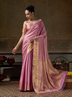 Peachmode Pink Kanjivaram Silk Woven Saree - Image 1