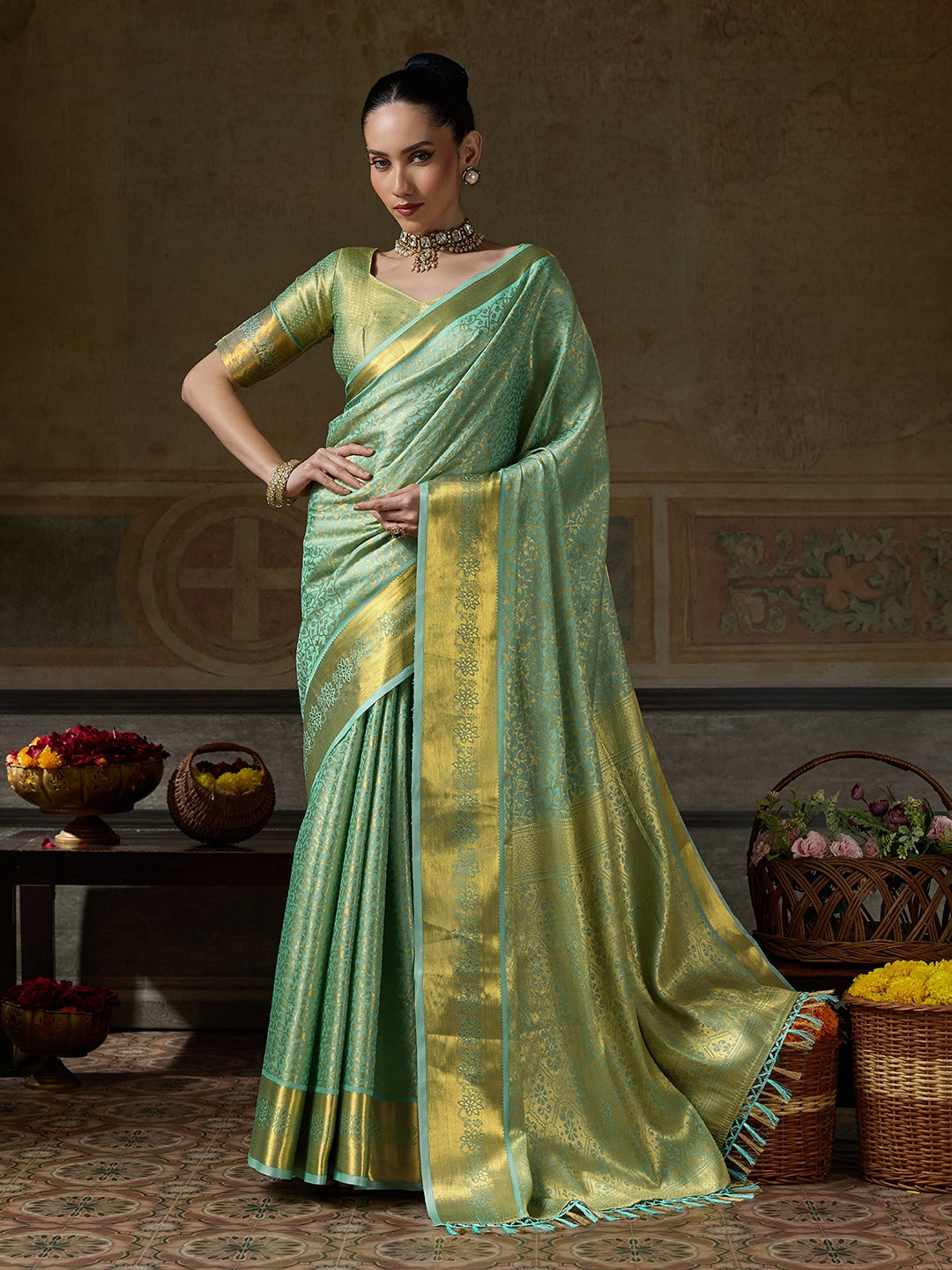 Peachmode Lime Green Kanjivaram Silk Woven Saree - Image 1