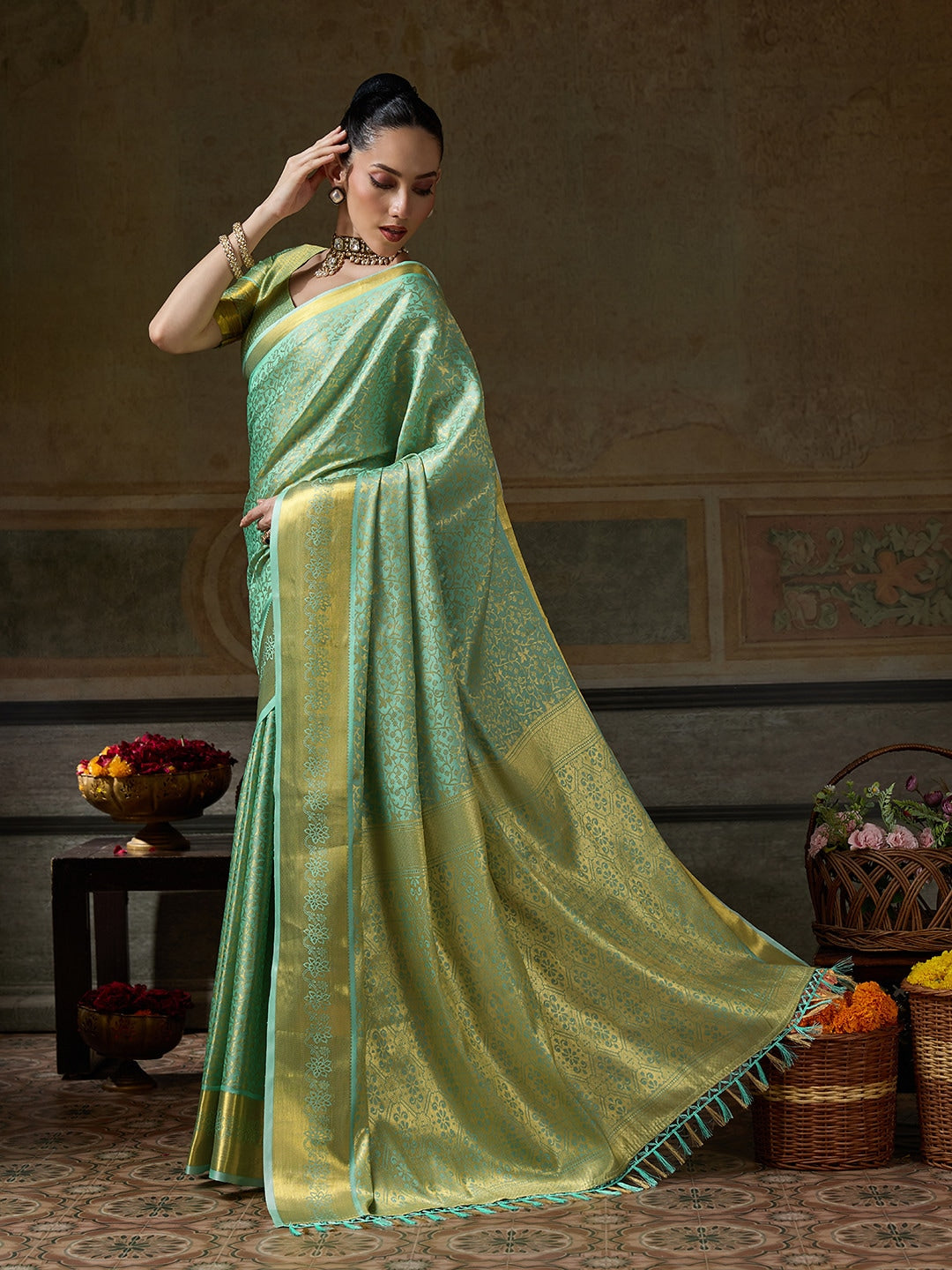 Peachmode Lime Green Kanjivaram Silk Woven Saree - Image 2