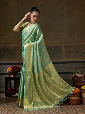 Peachmode Lime Green Kanjivaram Silk Woven Saree - Image 2