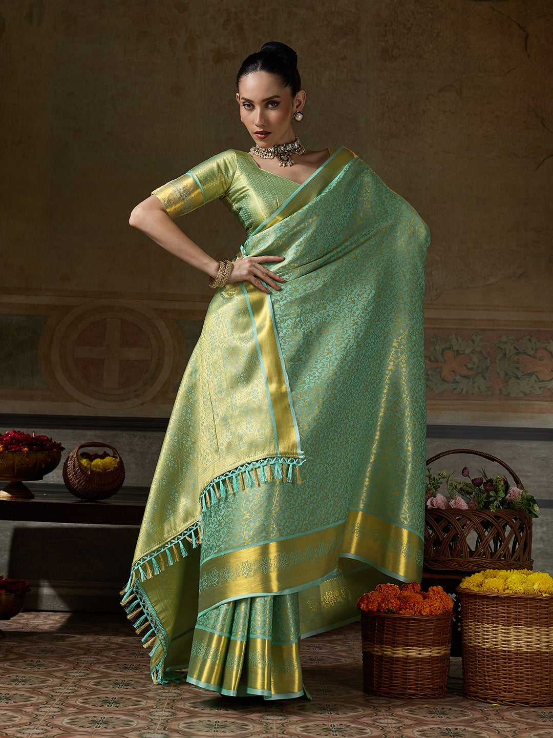 Peachmode Lime Green Kanjivaram Silk Woven Saree - Image 4