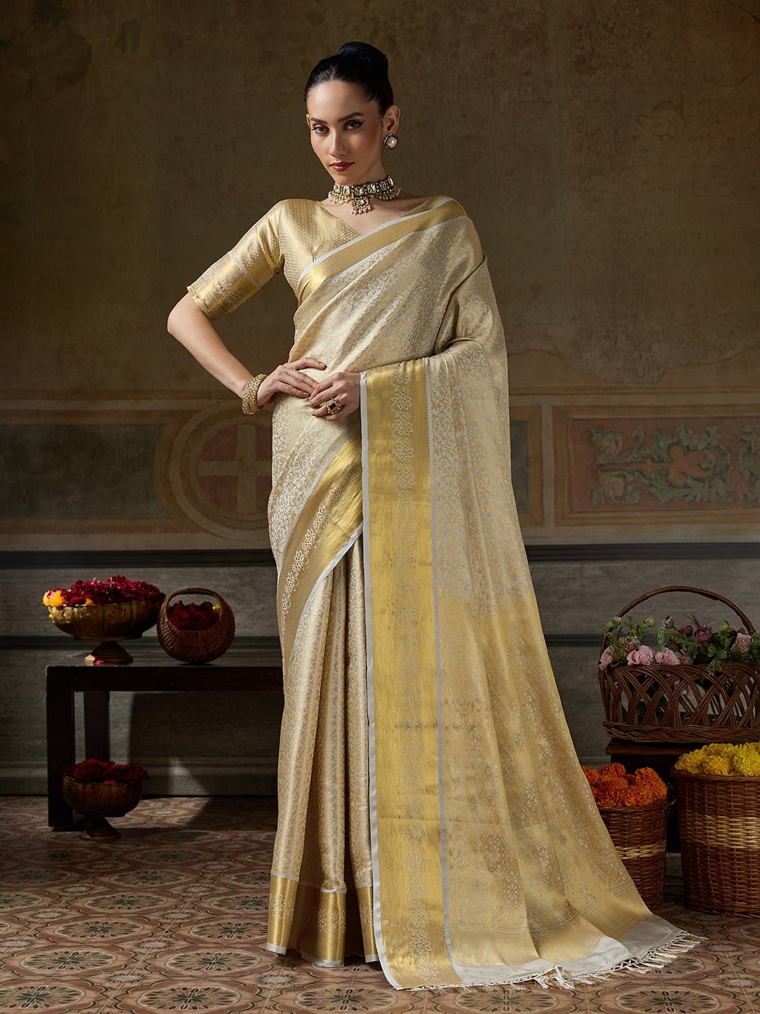 Peachmode Beige Kanjivaram Silk Woven Saree - Image 1