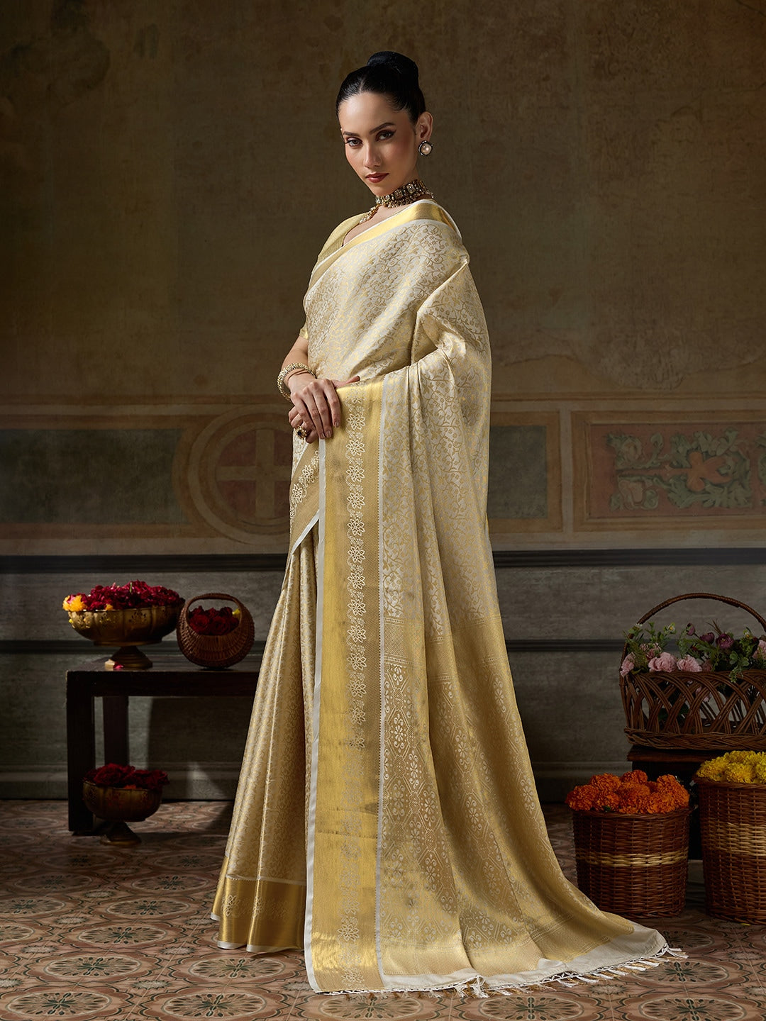 Peachmode Beige Kanjivaram Silk Woven Saree - Image 2