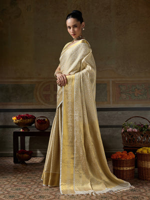 Peachmode Beige Kanjivaram Silk Woven Saree - Image 2