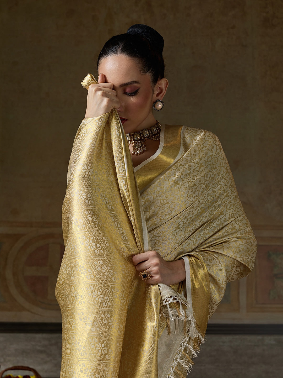 Peachmode Beige Kanjivaram Silk Woven Saree - Image 5