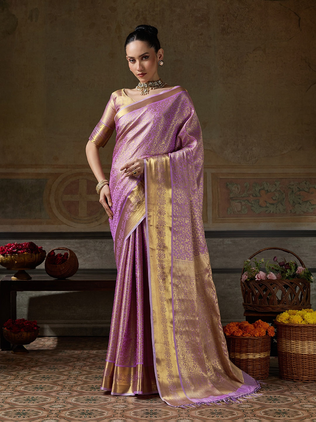 Peachmode Lavender Kanjivaram Silk Woven Saree - Image 1