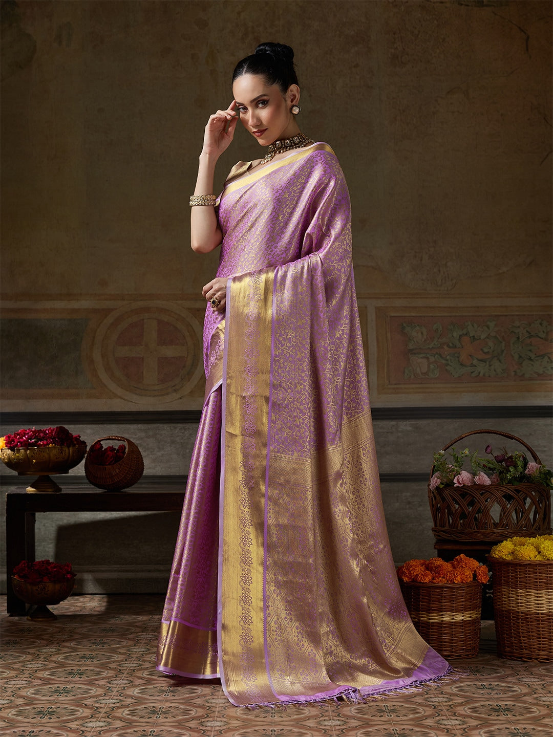 Peachmode Lavender Kanjivaram Silk Woven Saree - Image 2
